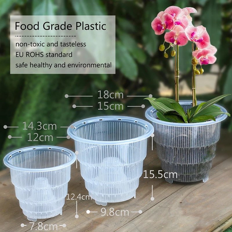 Vasos plásticos claros da orquídea com furos e pires, potenciômetro transparente para reparar plantadores pequenos da orquídea