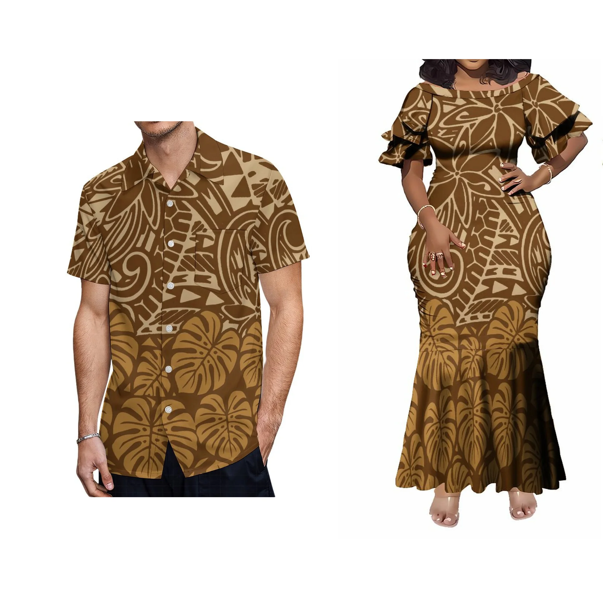 ชุดราตรีทรงหางปลาพิมพ์ลายดอกไม้สไตล์ฮาวายแบบขายส่ง ขนาดพลัสไซส์ แขนกลีบดอกไม้ ดีไซน์หรูหราสำหรับผู้หญิง