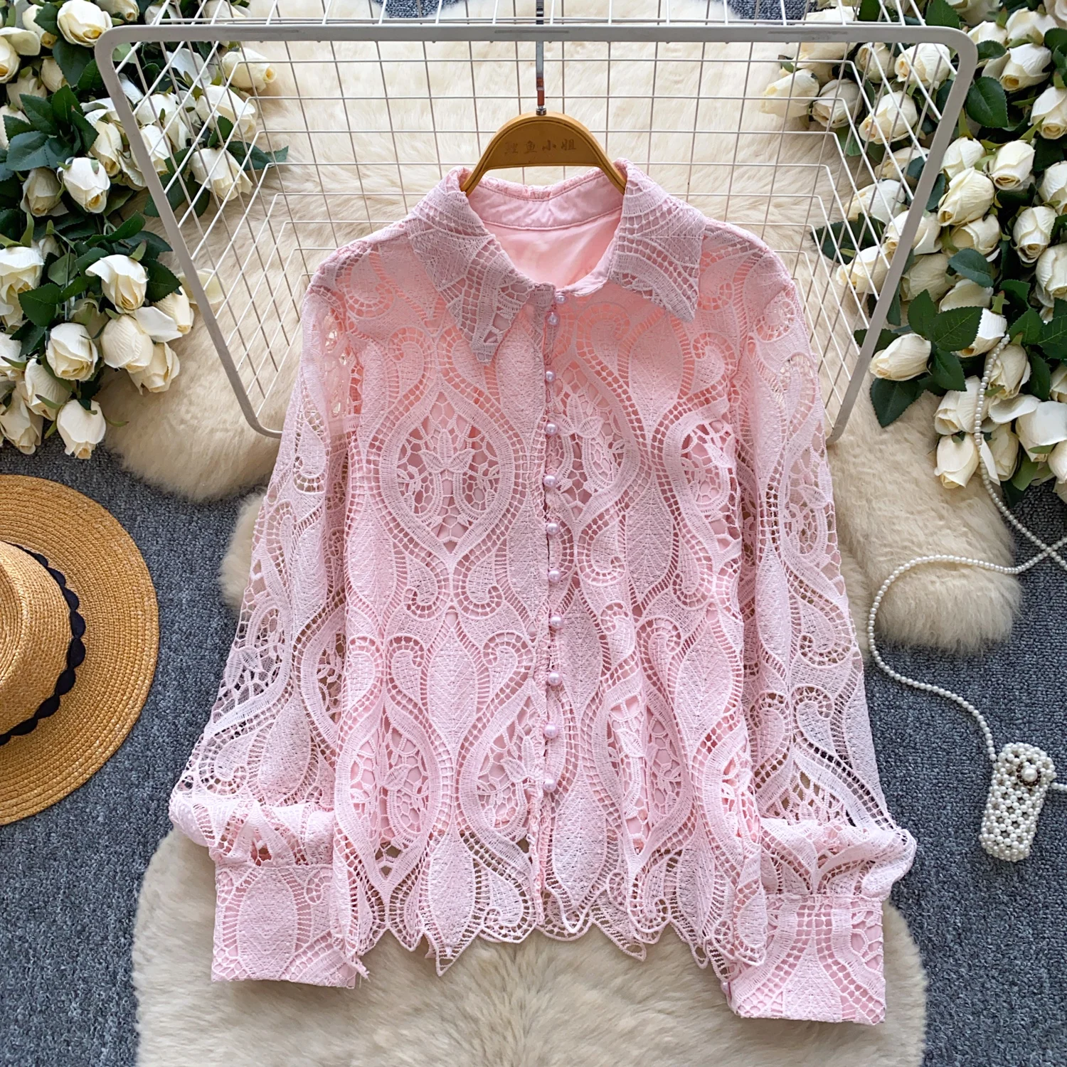 

Vintage Basics Single Breasted lace long sleeve Top office lady French Streetwear High Street Blouse
