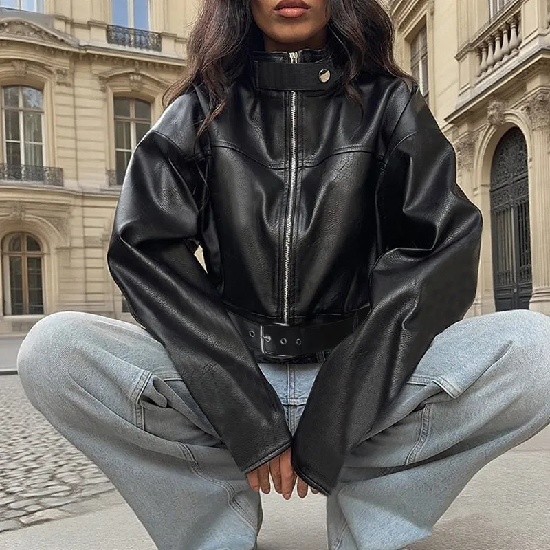 

Streetwear Bomber Jacket Women Spring Autumn Short Letaher Jacket PU Leather Morto Biker Jacket Fashion Women Clothing Outerwear