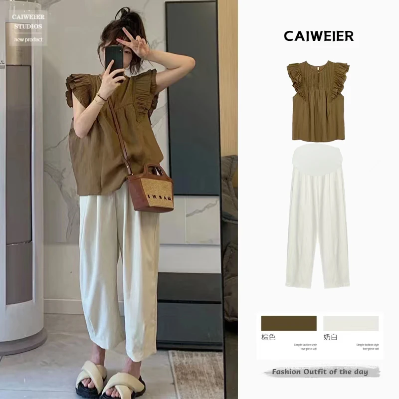 

Summer Pleated Flying Sleeve Pregnancy Shirt+belly Trousers Twinset Loose Casual Pregnant Woman Pants Suit Maternity Clothes Set