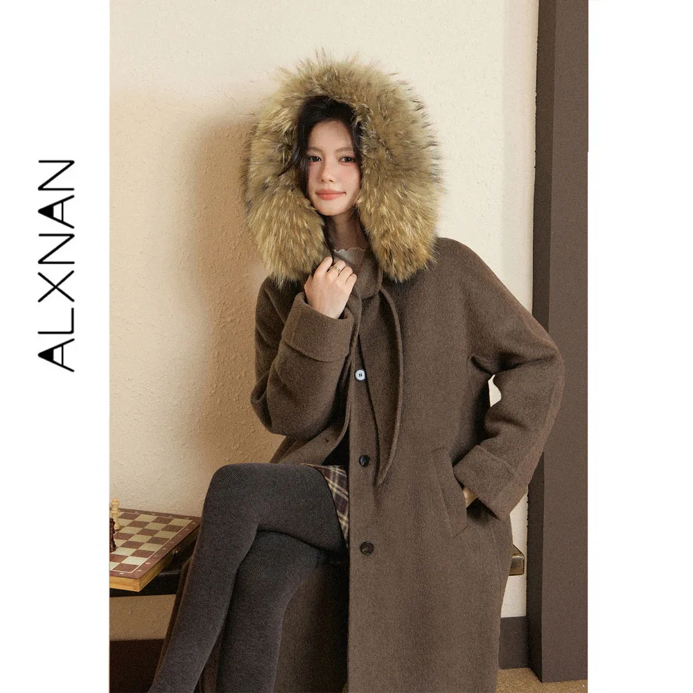 ALXNAN 100% Merino Wool Double-faced Coat Women's Autumn Winter Fashion Long Overcoat Elegant Casual Warm Female Outwear L68311