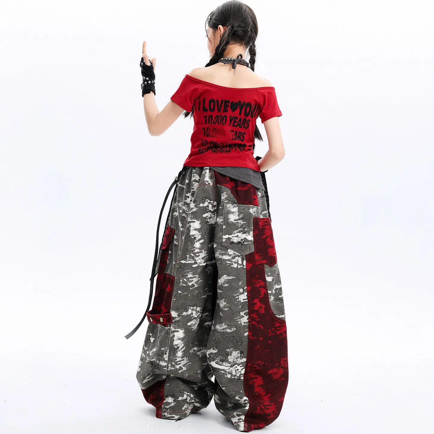 Girls Kpop Hip Hop Clothing Red Gray Patchwork Halter Side Ruched Crop T Shirt Camo Multi Pockets Pants for Kids Dance Costumes