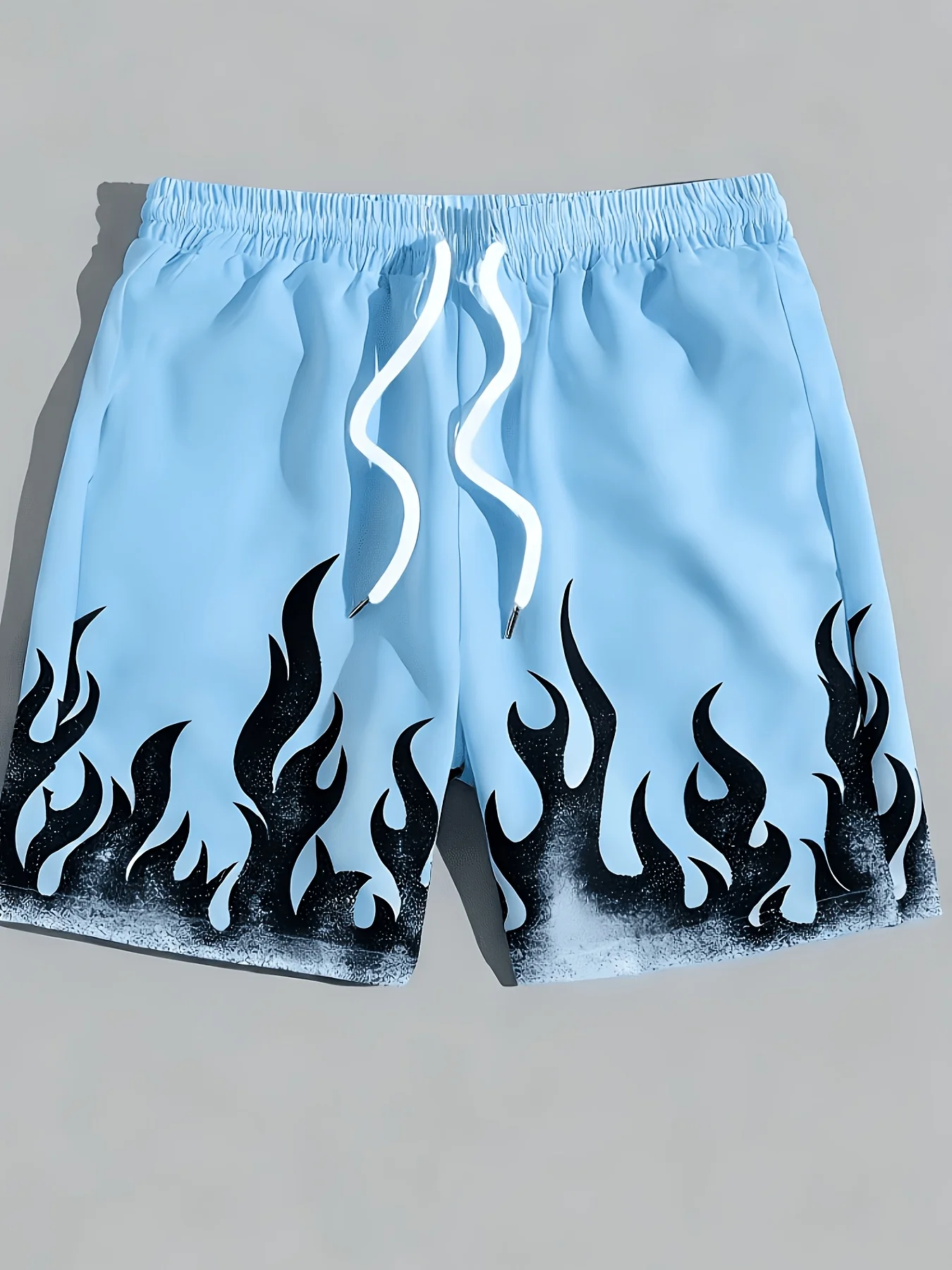 Men's Shorts, Fashionable Printed Beach Shorts, 3D Flame Pattern Printed Casual Drawstring Belt, Lightweight for Summer