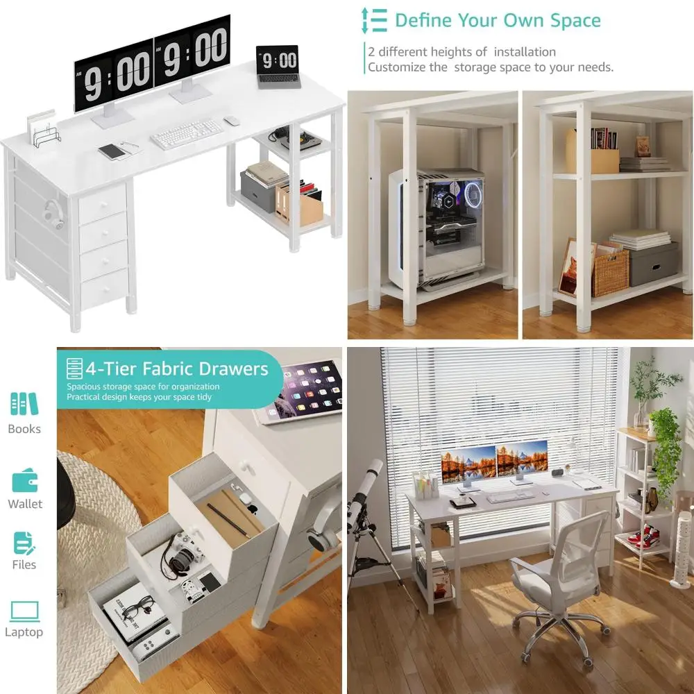 مكتب كمبيوتر مع أدراج قماشية وأرفف تخزين، مكتب كتابة دراسة المكتب المنزلي مقاس 63 بوصة، مساحة عمل بسيطة لغرفة النوم #1