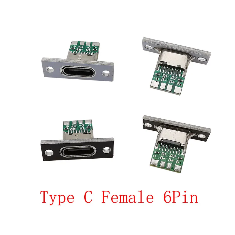 5Pcs USB Type C Socket With Fixing Plate Mount USB Jack Type-C 6 Pin Charging Data Port Type-C Female USB C Connector