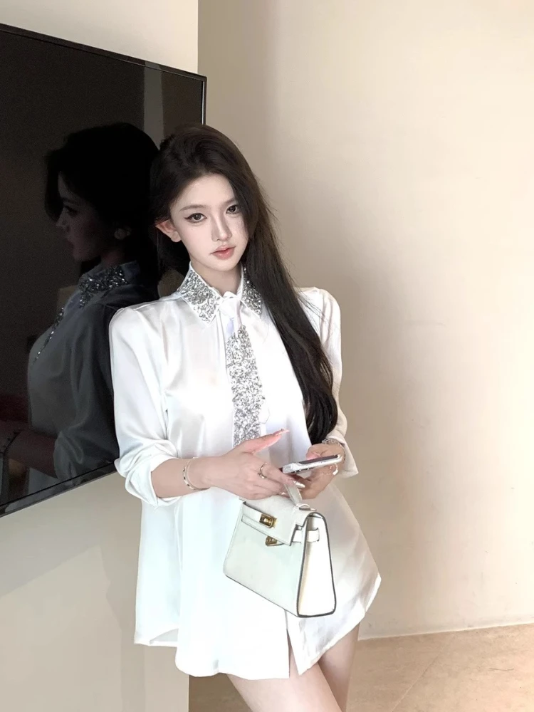 

Diamond Satin Shirt Women Turn Down Collar Faux Silk Rhinestones Tie Shirts Glossy Satin Crystal Blouses OL Cardigan Tops Female