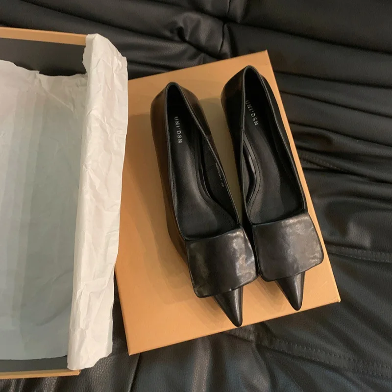 

Элегантные женские туфли на низком среднем высоком каблуке с острым носком во французском кошачьем каблуке, весна 2024, новый стиль, модная женская обувь без шнуровки