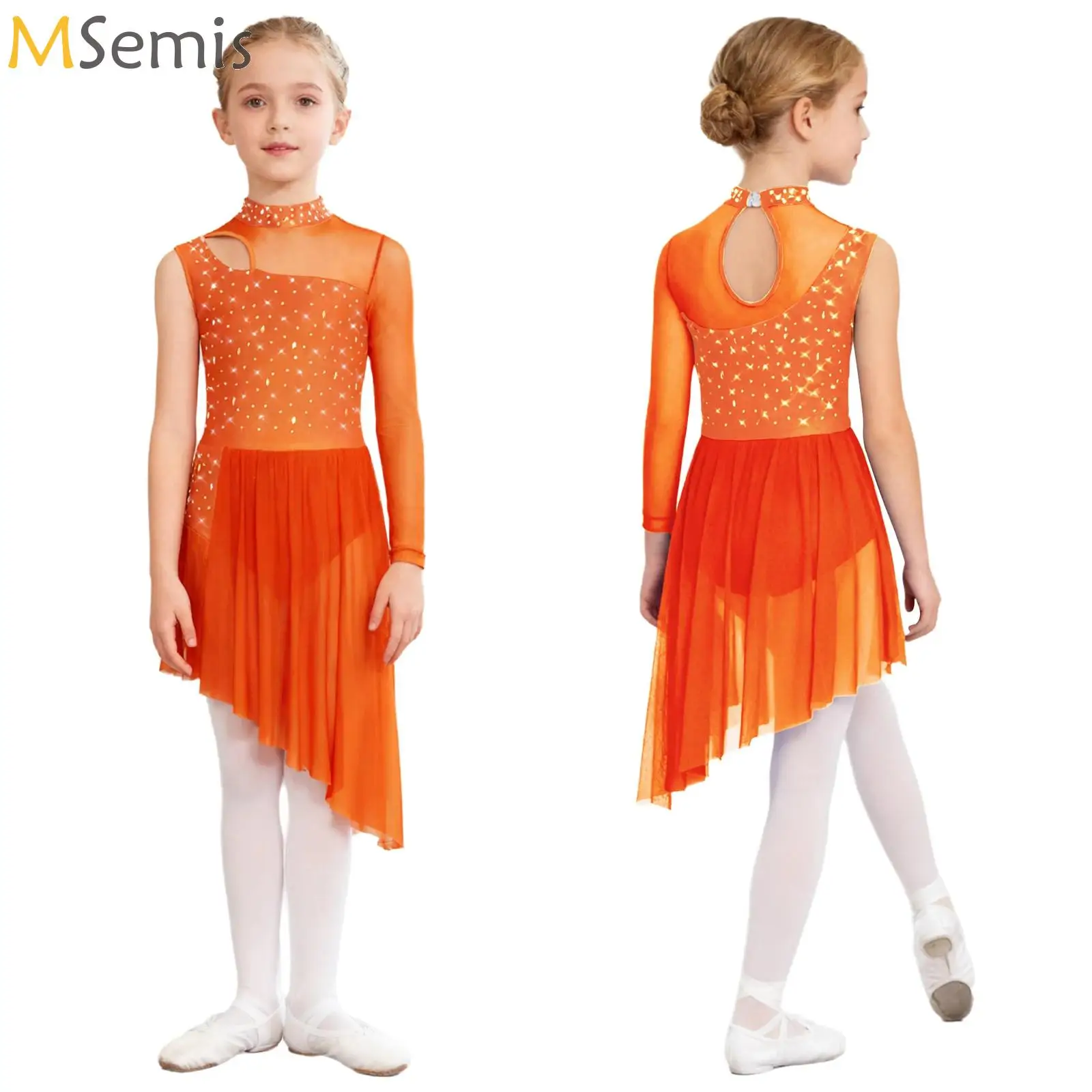 

Kids Girls Figure Skating Lyrical Dance Dress Shiny Rhinestone Single Long Sleeve Side Split One Piece Leotard Dress Costume