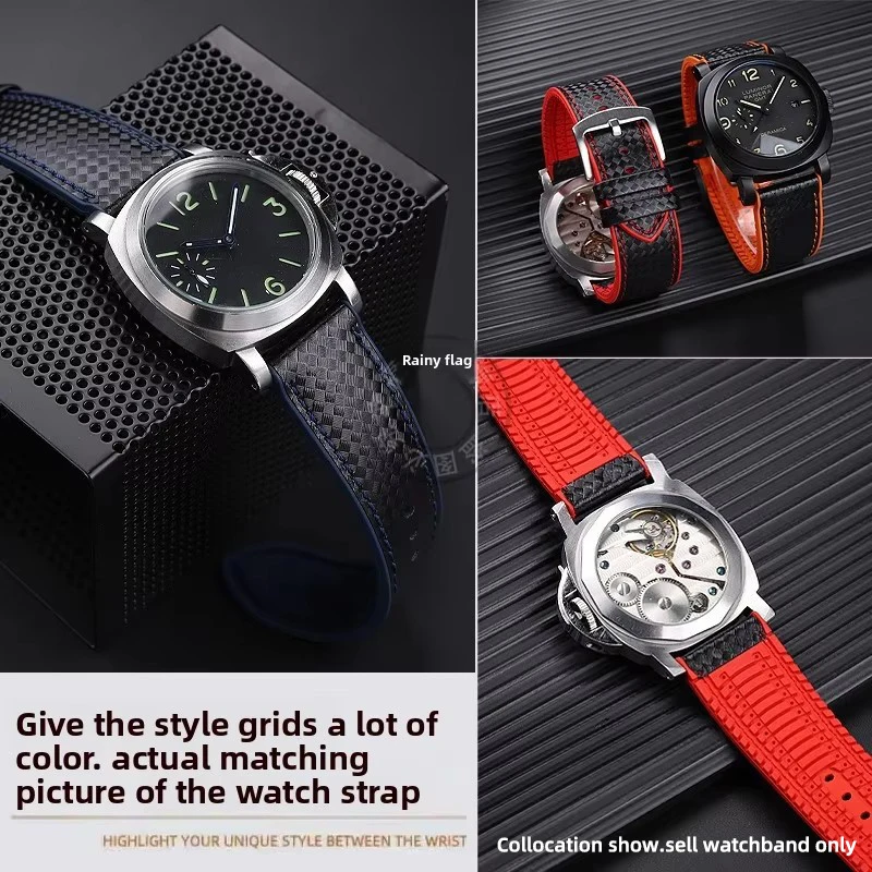 Carbon Fiber Leather FKM Rubber Sole Strap For Panerai LUMINOR PAM111 441 Men Silicone Watch band Replace Bracelet 20 22 24mm