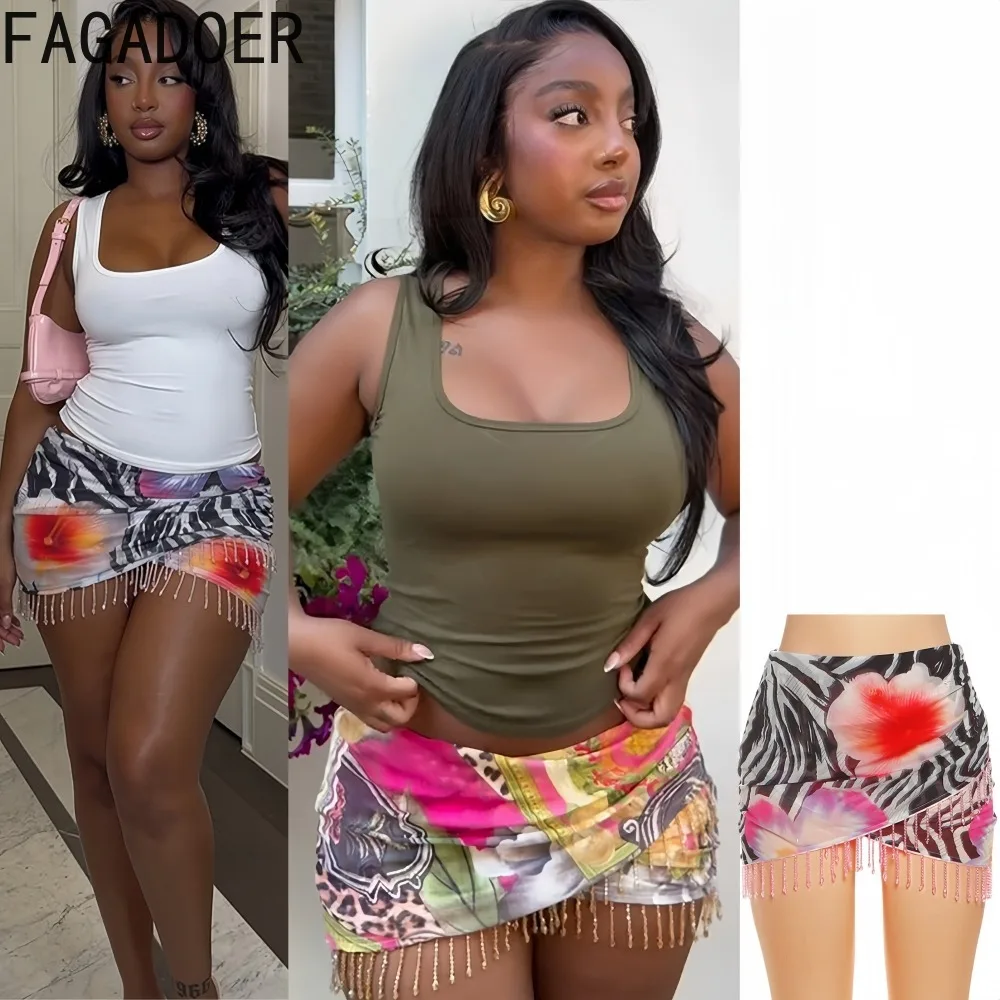 

FAGADOER Y2K Sexy Pattern Printing Bodycon Mini Skirts Woman Irregular Pearl Tassel Patchwork Skirt Hot Girls Streetwear Bottoms