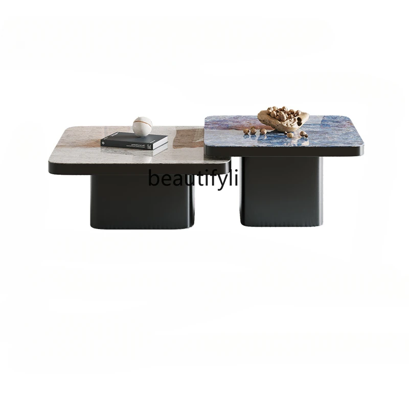 

Italian-Style Light Luxury Pandora Stone Plate Coffee Table Modern Small Apartment Living Room Simple Square Size Combination