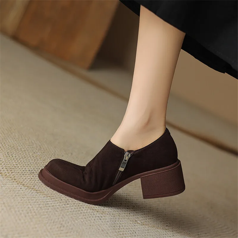 2023 New Autumn Genuine Leather Loafers French Round Toe Chunky Heel Winter Women Pumps High Heels Shoes for Women Handmade