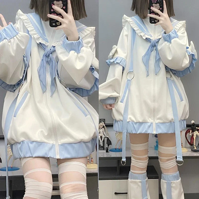 Women clothing stitch Sweet Design Sense Cosplay Hoodies Autumn New Subculture Kawaii Blue Hoodie Youthful Women's Cute Loose