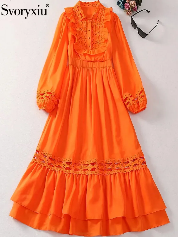 

Svoryxiu Fashion Designer Autumn Orange Color A-Line Long Dress Women Lace Hollow Out Embroidery Lantern Sleeve Big Swing Dress