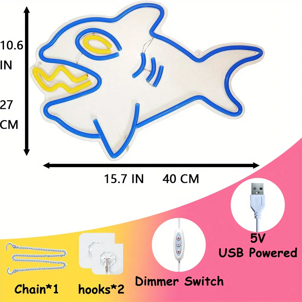 Shark Cartoon LED Neon Light - USB Powered, With Dimmer, Adjustable Brightness, Perfect for Kids' Rooms, Game  Fun Decor