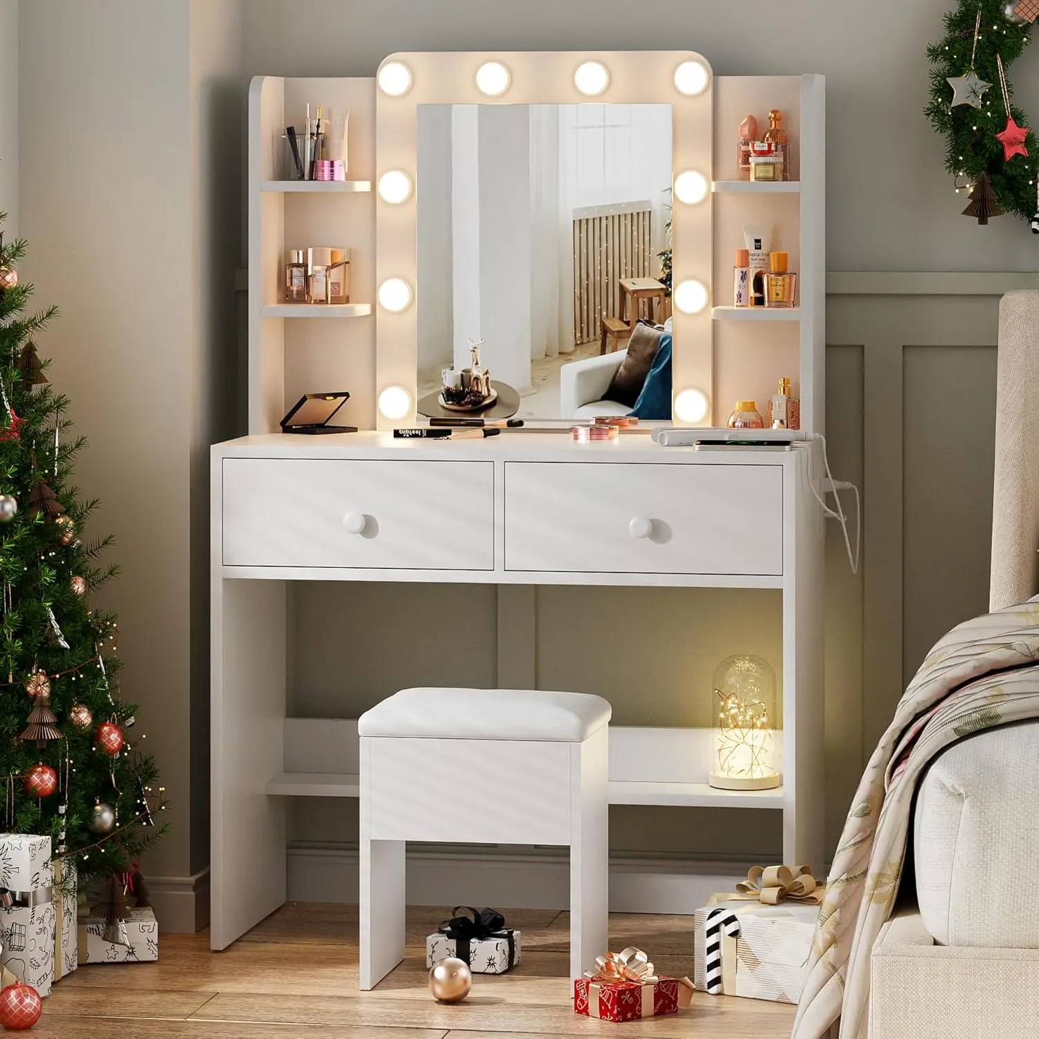 Makeup Vanity Desk with Mirror and Power Outlets, Vanity Table with 3 Color Modes Adjustable Brightness, Dressing Table Set with