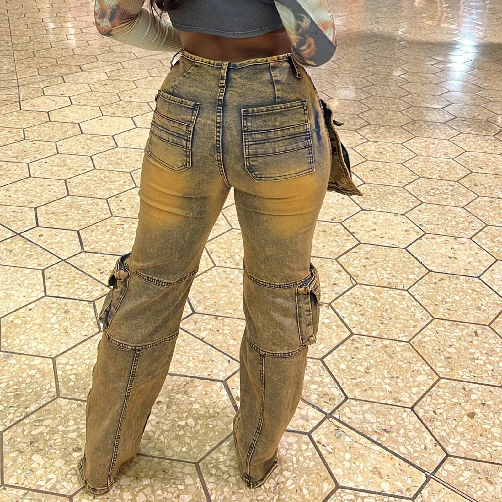Celana Jeans Wanita Vintage Distressed Model Cargo Panjang Se-mata Kaki dengan Sambungan, Kantong Denim, Pinggang Tinggi, Streetwear, Longgar
