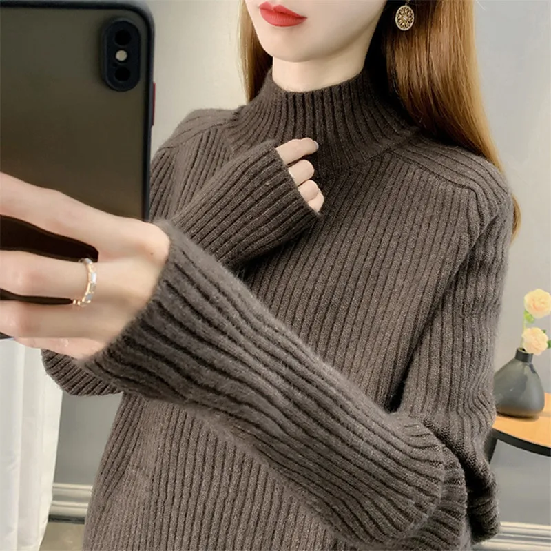 Spring Autumn High Collar Long Sleeve Hem Split Knitted Sweater Women Pullover Jumper Ladies Vintage 5 Color Knit Tops Female