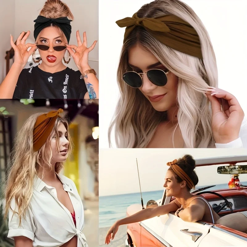 

Bohemian Turban Headbands, 4Pcs Elastic Wide Hair Wraps for Yoga Sports, Women's Gift Set