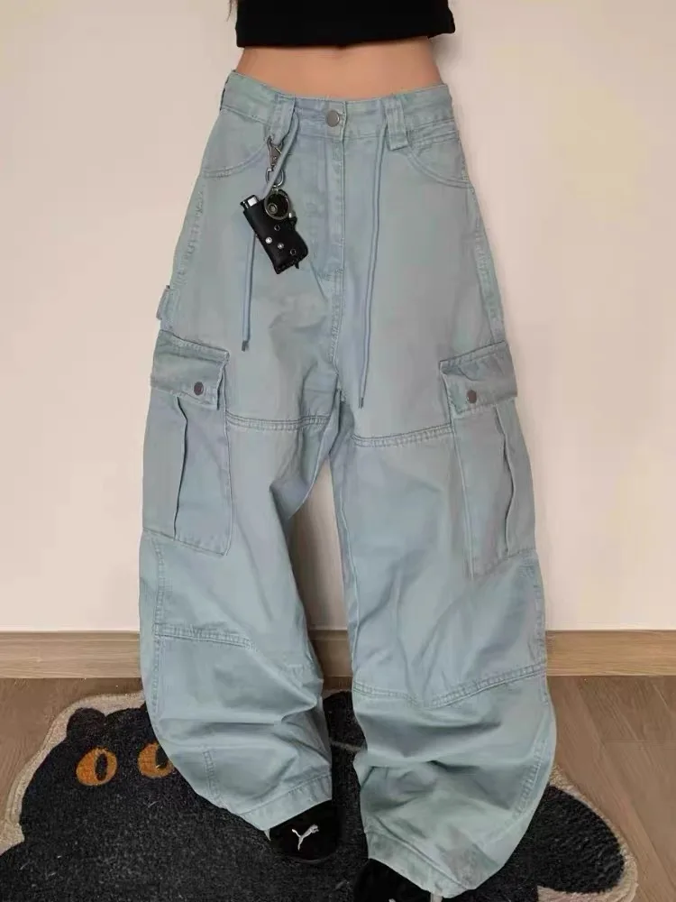 

American Retro Wide Leg Workwear Trousers with Large kets ex Street Sle Casual Loose Long Pants Sea Lake Blue