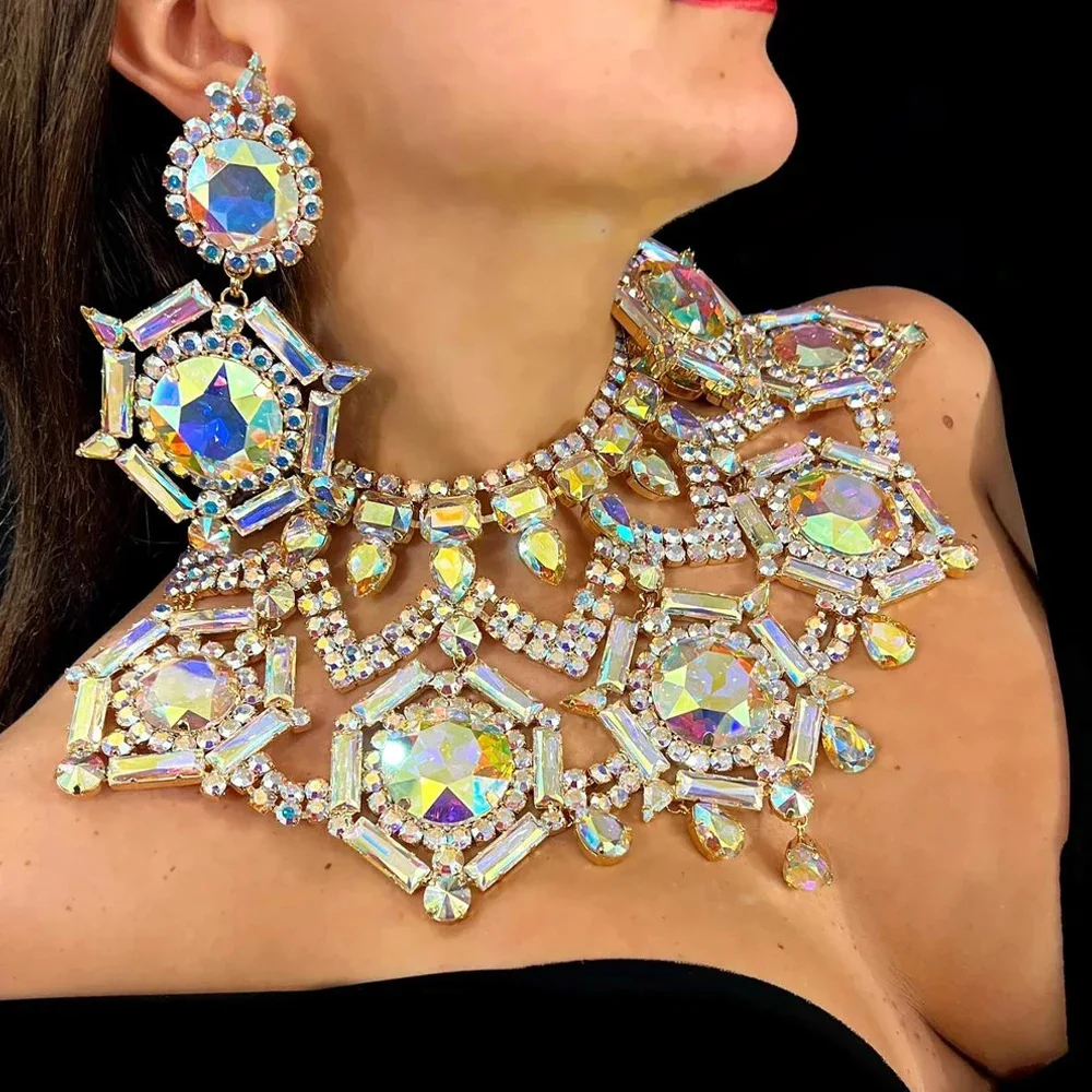 

AB Color Geometric Rhombus Necklace Earrings Set Luxury Oversize Dancing for Girls Irregular Accessories Exaggerated Jewelry Set