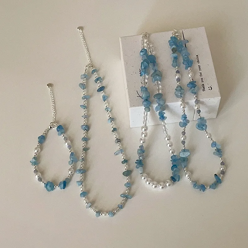 Minar Handmade Multiple Irregular Blue Natural Stone Crystal Aquamarine Simulated Pearl Beads Beaded Necklace for Women Chokers
