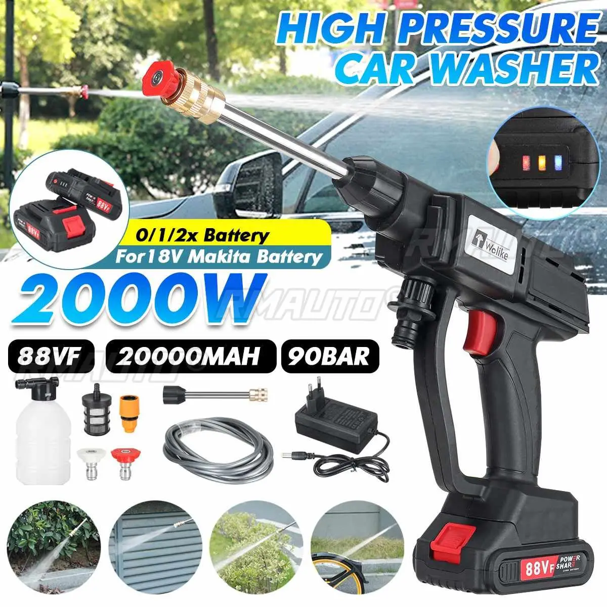 20000mAh Cordless High Pressure Washer Spray Water-Gun Car Wash Pressure Water Nozzle Cleaning Machine for 18V Battery