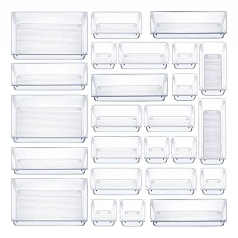 

Набор из 25 прозрачных пластиковых органайзеров для ящиков, 4 размера, универсальные лотки-органайзеры для ванной и туалетного столика, контейнеры для хранения косметики