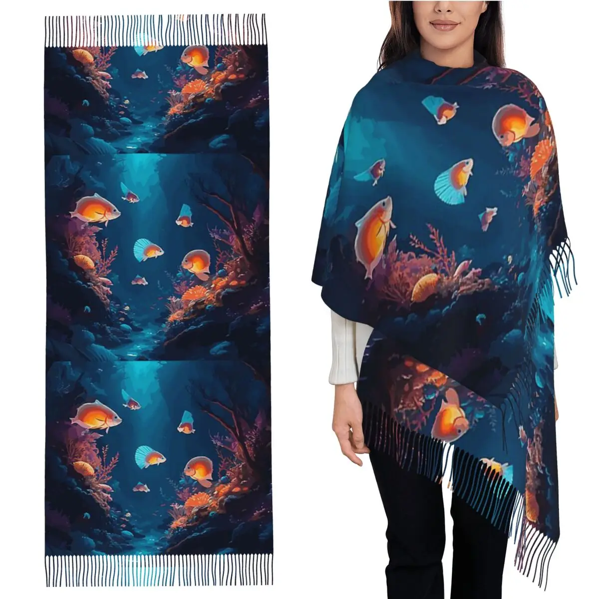 

Подводный мир, шарф с тропическими рыбами, шарфы с кисточками для женщин, мягкие теплые шали и накидки, большая осенне-зимняя шаль