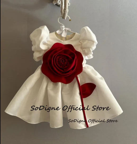 SoDigne A-line Satin Mini Flower Girl Dress Scoop Short Sleeves Princess Kid Gown 2025 Birthday Party Dresses Customized ﻿