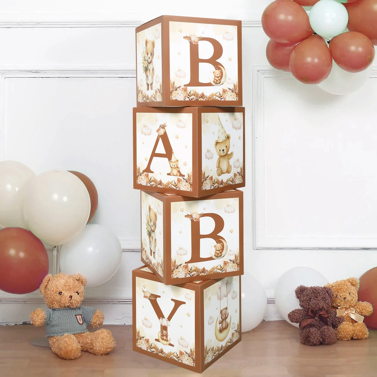 Boîte de douche pour bébé marron/bleu, boîtes à ballons pour bébé, décor de fête de 1er anniversaire, ours en peluche pour enfants, décor de réception-cadeau pour bébé garçon et fille, révélation du sexe