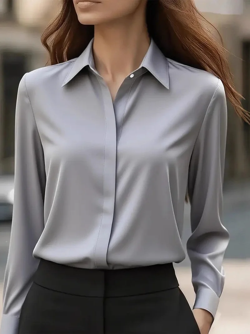 Automne couleur Pure longue Sve polyvalent soie irt femmes Ele Profional trajet haut Long coupe ample fibre de Polyester