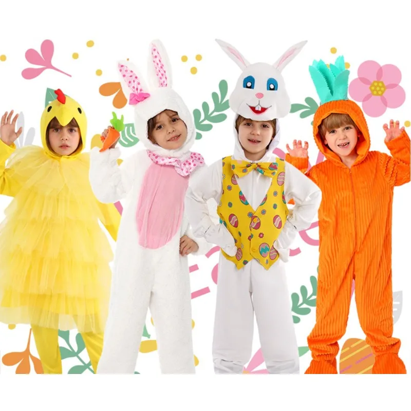 

Easter Day Performance Little White Rabbit Cosplay Costume Carrot Jumpsuit Chickens Dress for Boys Girls Carnival Party Outfit