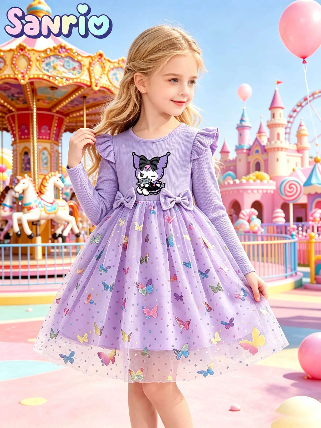 Girls' Purple Kuromi Long-sleeve Princess Dress, Ruffled Flutter Sleeve Ribbed Knit Dress with Colorful Sequin Butterfly Tulle T