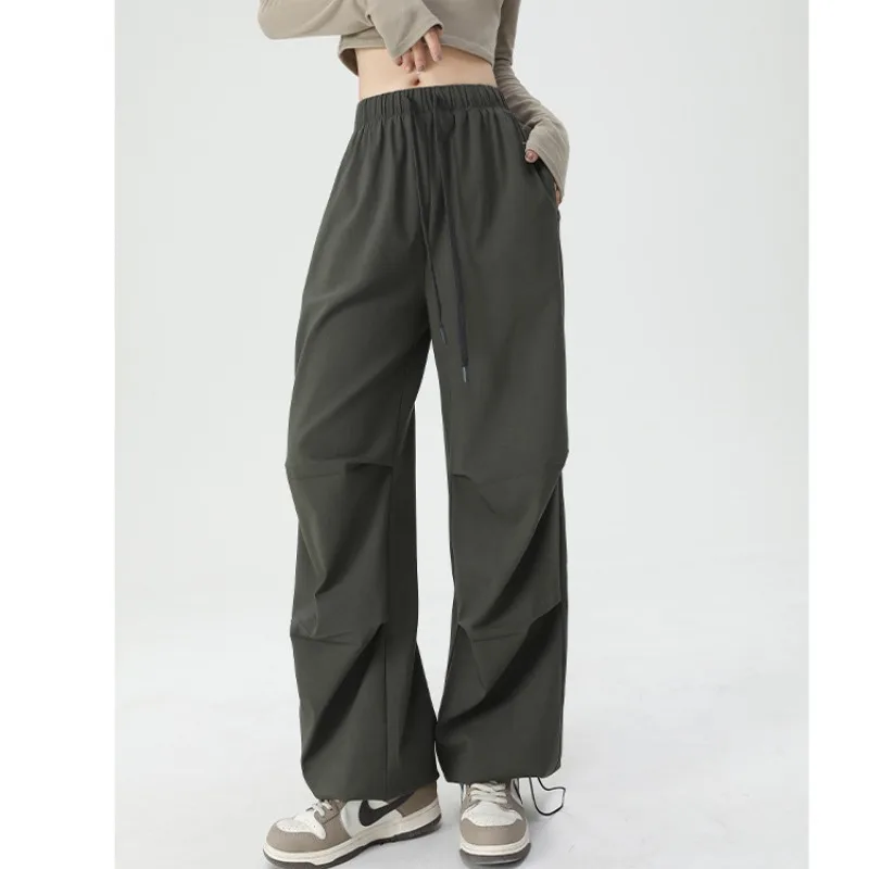 

Spring and Autumn Women's Elastic Waist Drawstring Solid Color Pleated High Waist Workwear Casual Wide Leg Pants Fashion Pants