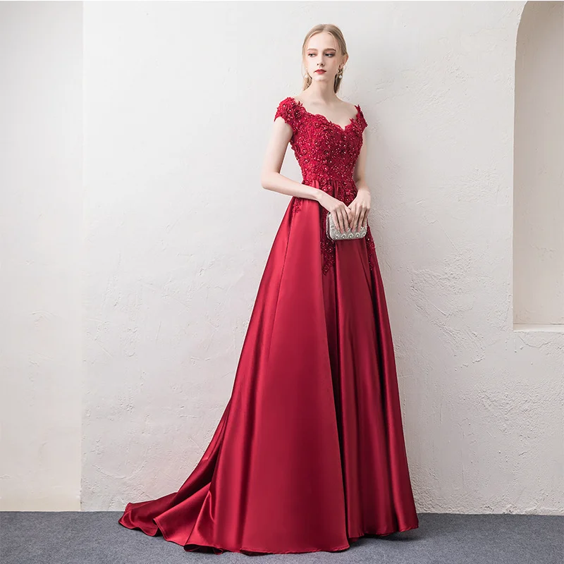 

Evening Dress Shoulder Burgundy 2025 New Lace Sheet Metal Fluffy Skirt Formal Dress Women Elegant Evening Dresses Fashion Sexy