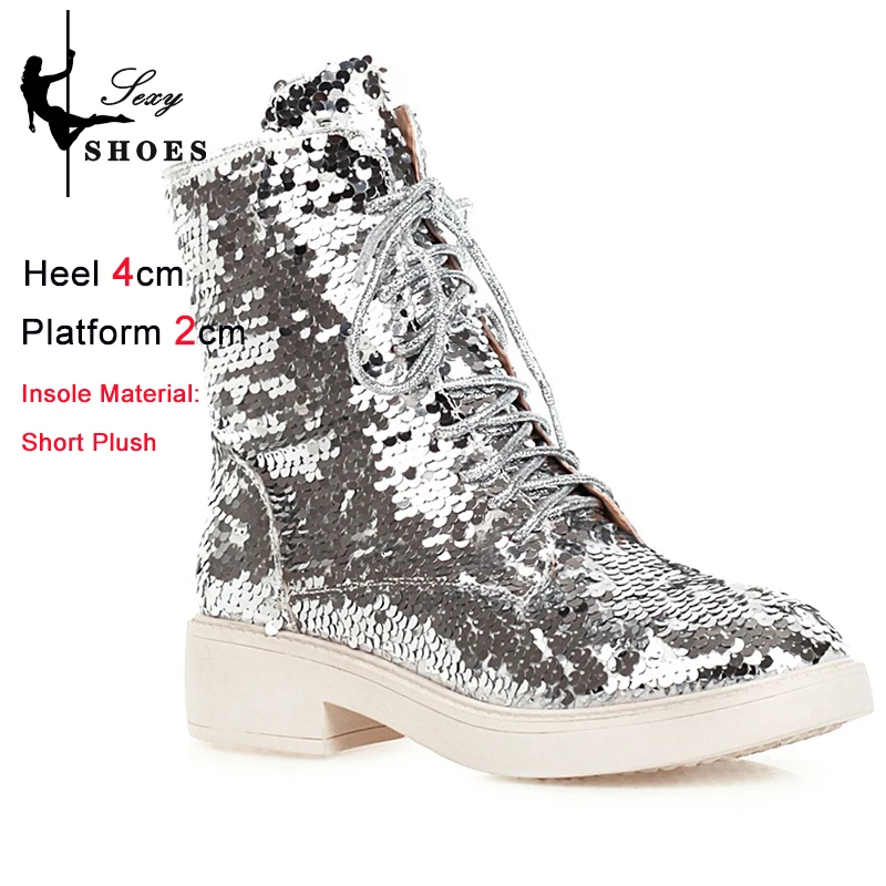 Short Plush Autumn Winter Women Ankle Boots Low Heel Round Toe Zipper Short Boots Discoloration Sequined Cloth Multi-Color Shoes