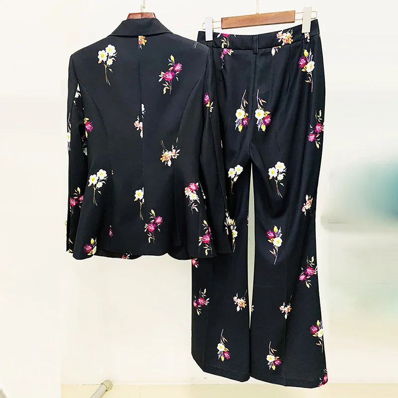 2026 in Stock Lady Fashion Office Suit Designed Floral Printing Notched Long Sleeve Single Button Blazer Flared Pants Women 2pcs