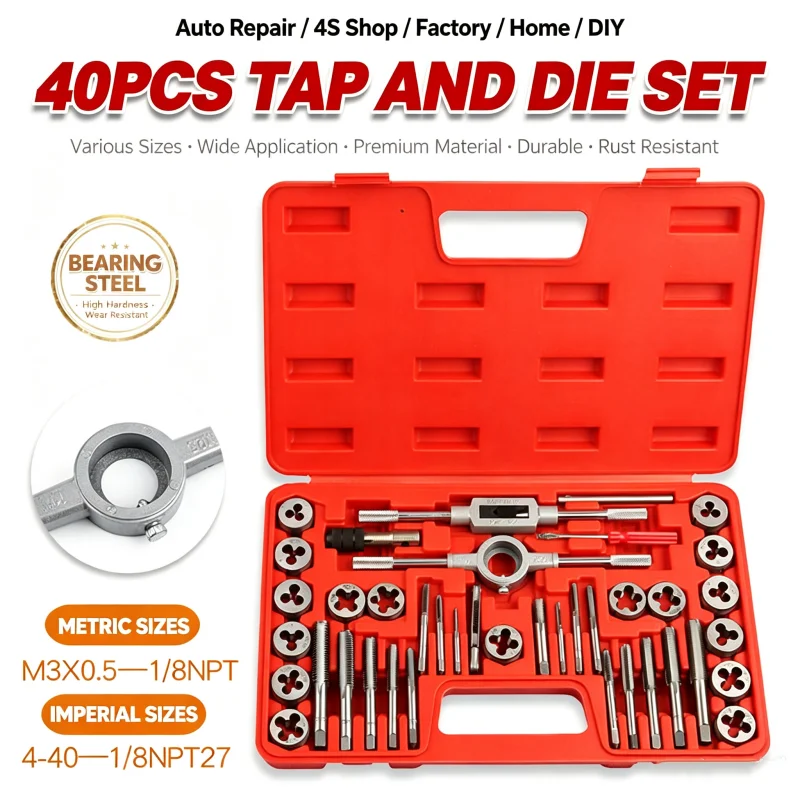 40PCS Tap and Die Set Metric & Imperial Screw Thread Taps Dies Kit Bearing Steel Thread Cutting Tool for Auto Repair DIY Machini