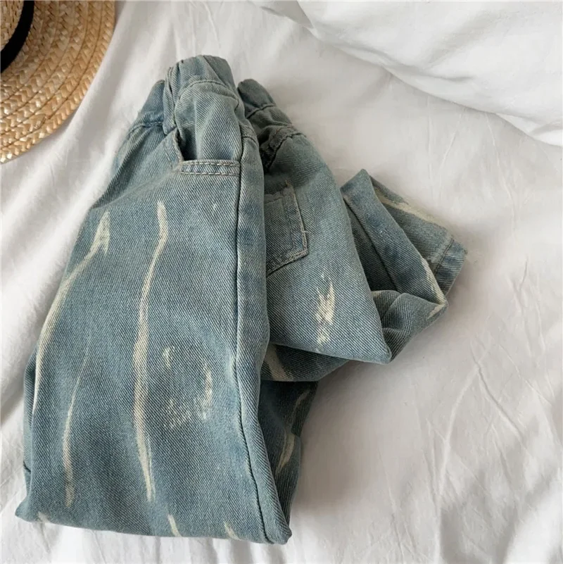 Calças coreanas de gravata tingida infantil, jeans feminino, roupas de meninos, primavera e outono, novo, 2023