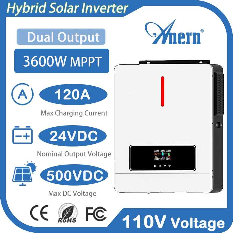 

Anern 3600W MPPT Hybrid Solar Inverter 24V 110VAC Build-in MPPT 120A Solar Charge Controller Pure Sine Wave Solar Inverter