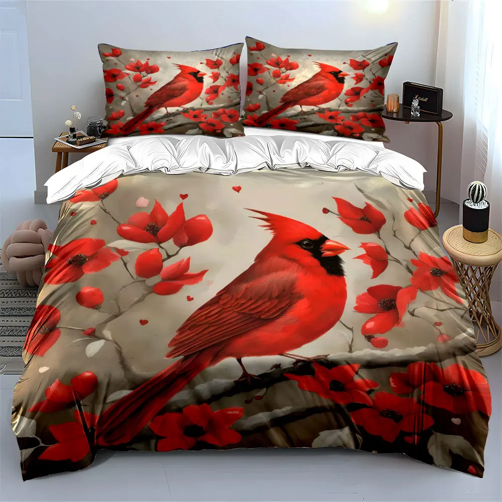 A vibrant red bird perched amidst blooming red flowers. Print Duvet Cover Bedding Set Included 1*Duvet Cover 2*Pillowcases
