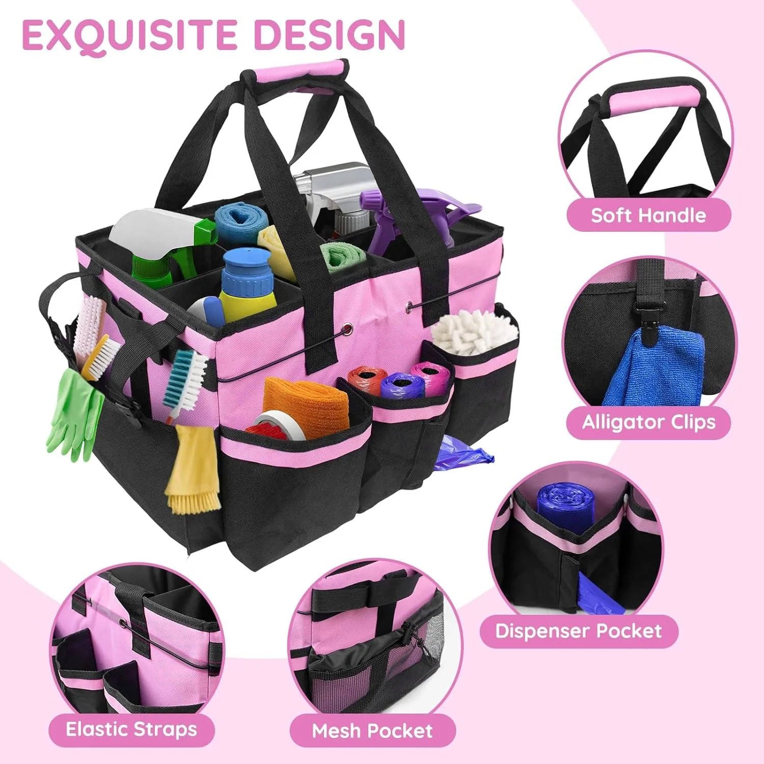 Large Cleaning Caddy Bag With Handle Built In Sturdy Support Board Multi Compartment Cleaning Supply Tote Organizer