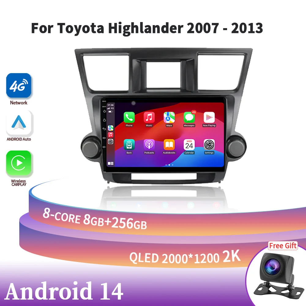 

Auto Radio Multimedia Navigation 4G GPS Android 14 Auto Car Screen Wireless Carplay Stereo For Toyota Highlander 2007-2013 2 Din