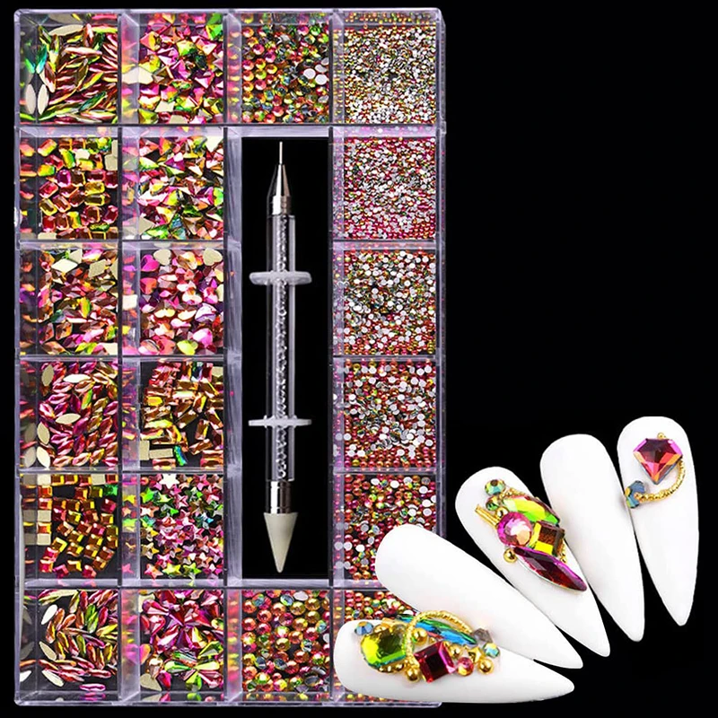 2800 teile/schachtel Luxus Strass Nail art Schmuck Set Glas Nagel Kristalle Box 3D Flache Glas Geformt Diamant Nägel Dekoration Edelstein – Detail 3