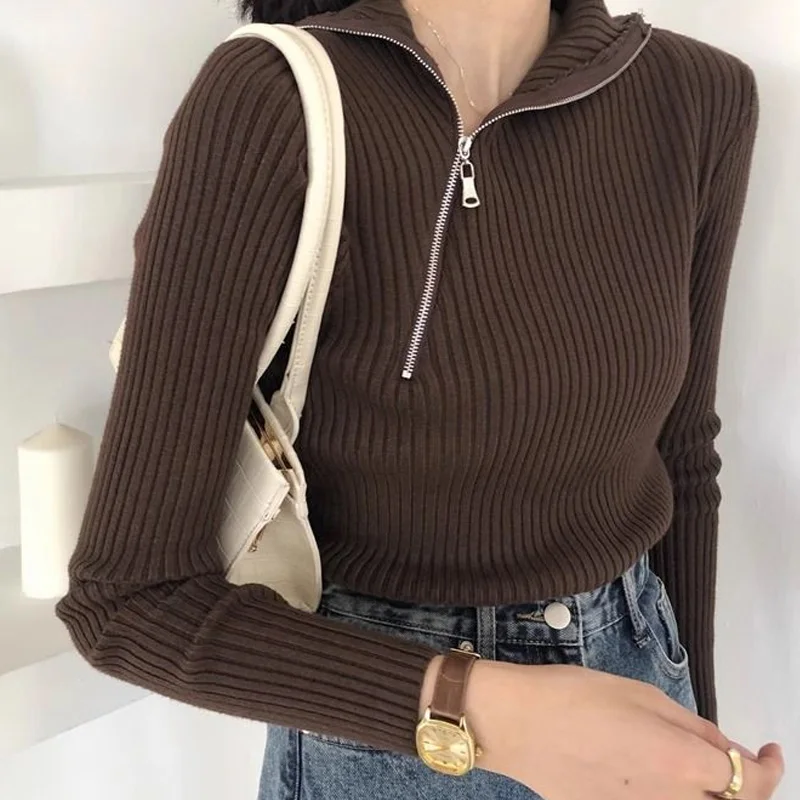 Autumn Winter Solid Color Pullovers Interior Lapping Long Sleeve Casual Undercoat Zipper Turtleneck Sweaters Women\'s Clothing