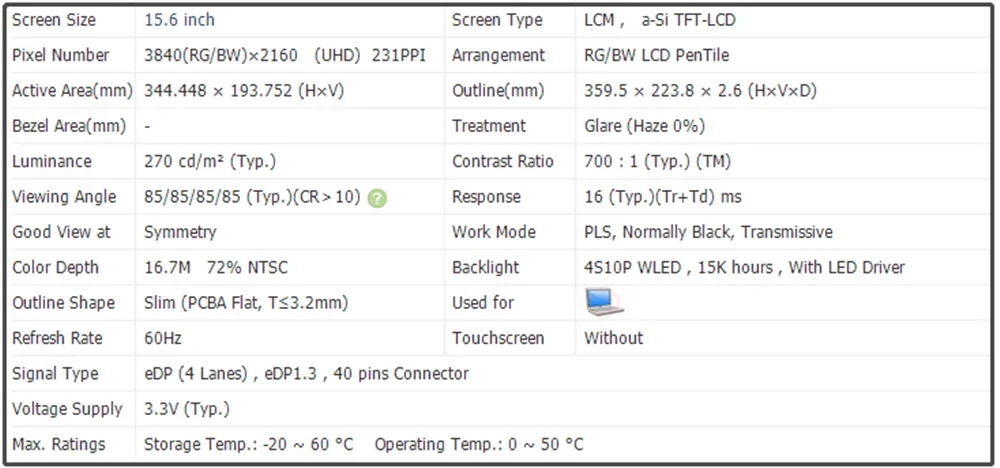 15,6-Zoll-LCD-Bildschirm 60 Hz EDP 40 Pins UHD 3840 x 2160 231 PPI Non-Touch 72 % NTSC 270 cd/m2 Slim LTN156FL02-L01 LTN156FL02 L01