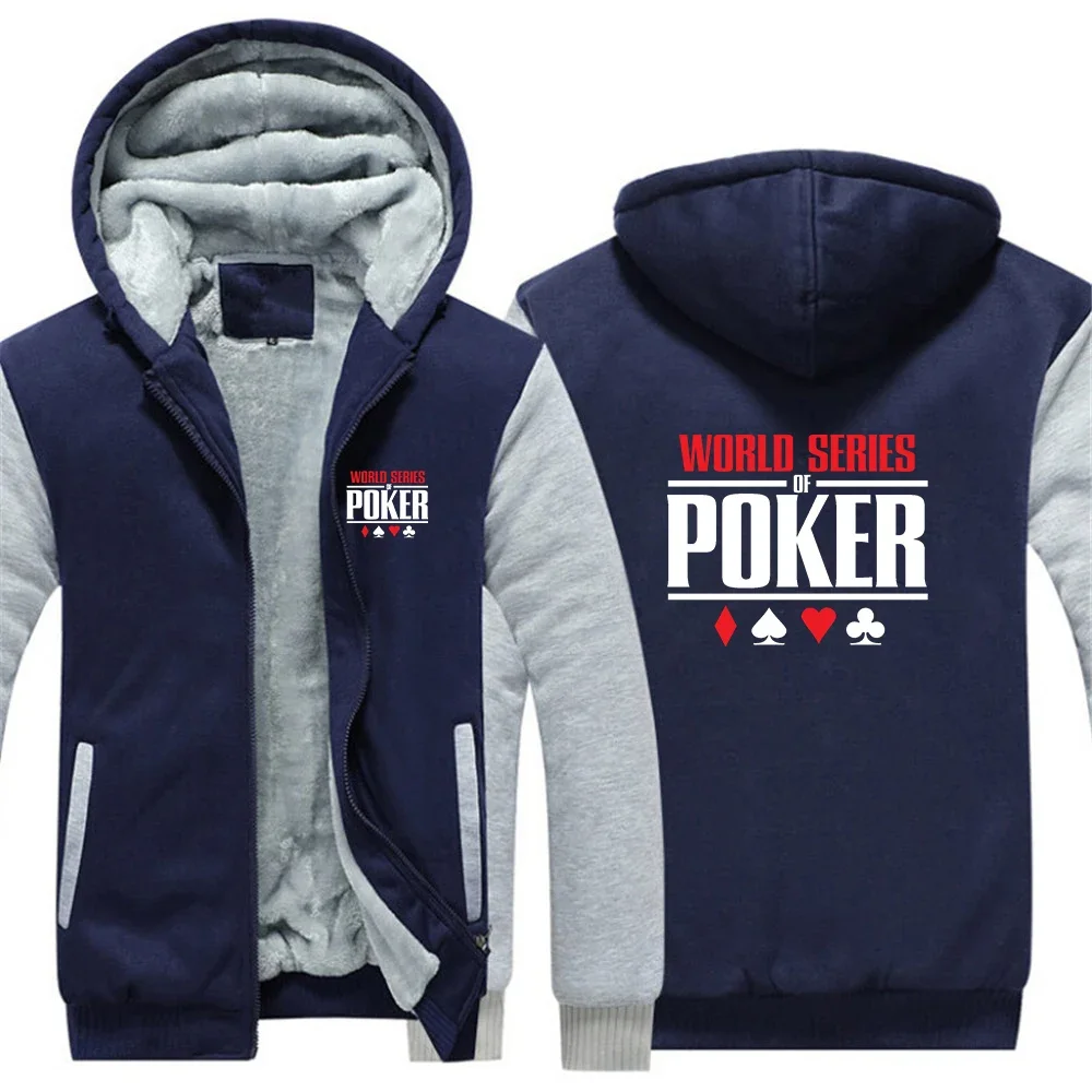 2024 World Series of Poker Trendy Sweatshirt Coat Pockets Zipper Jacket Men Winter Pure Color Plush Lined Cardigan Hoodie Tops