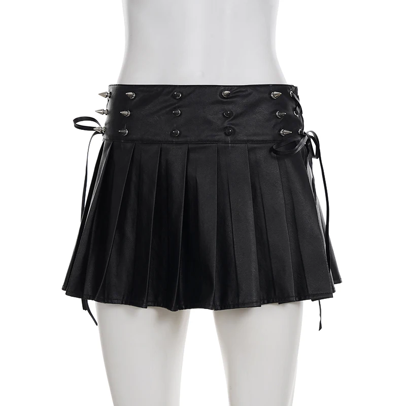Original Dark Hot Girl Rivet Lace-up High Waist Women's Pleated Leather Skirt 2025 New Versatile Sexy A-line Short Skirts Ladies
